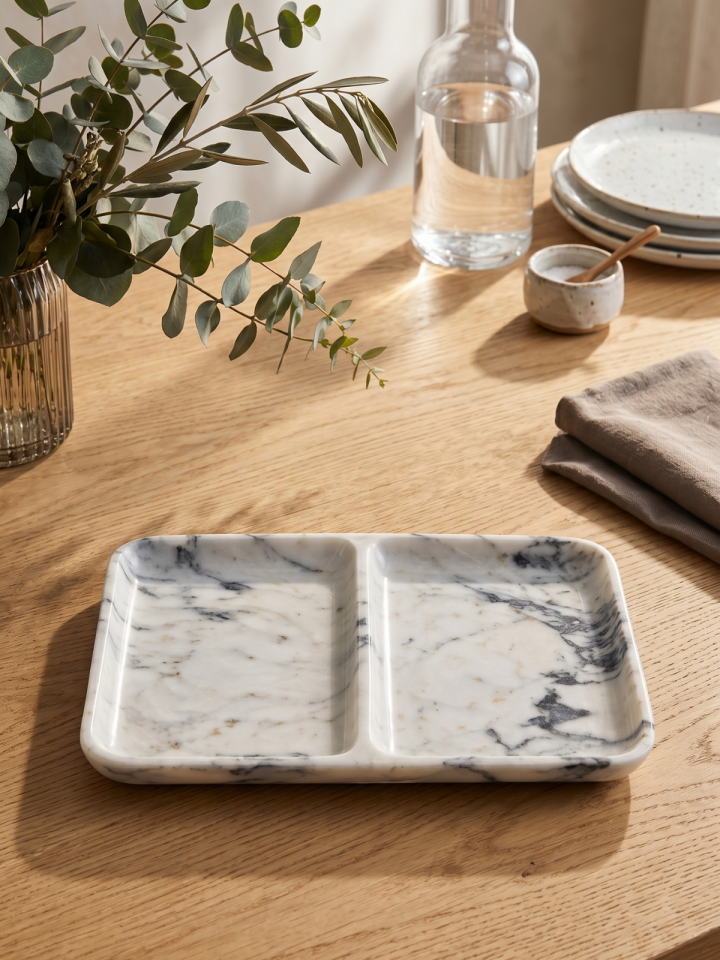 İki Bölmeli Mermer Çerezlik Tepsi 30x20x2 cm - Doğal Taş Sunum Tepsisi