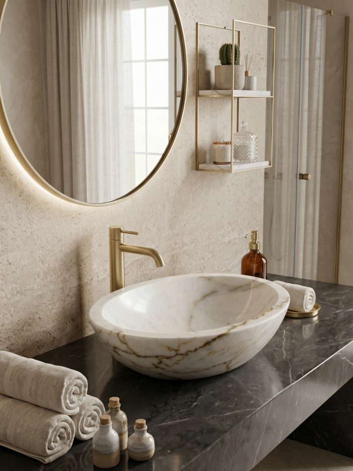 Tezgah Üstü Doğal Mermer Evye - 40 cm Oval Tasarım Banyo Lavabosu
