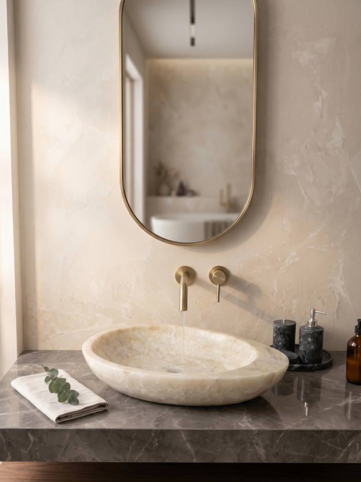 Lüks Doğal Mermer Banyo Evyesi - 56x39x11 cm Özel Kesim Lavabo Tasarımı