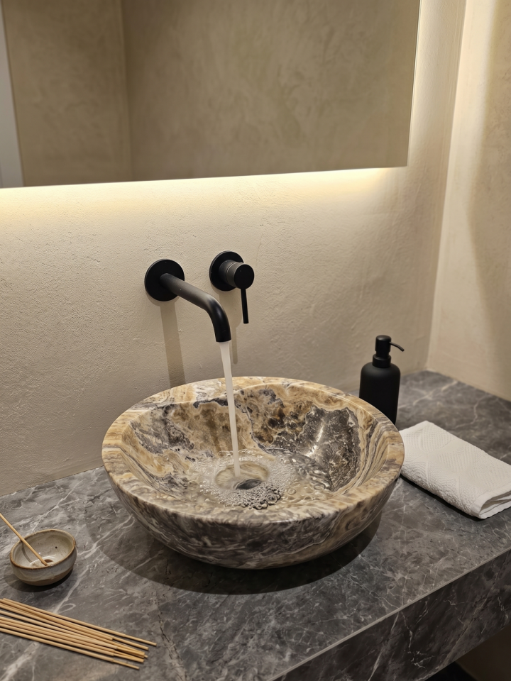 Özel Tasarım Mermer Evye - 44x35 cm Tezgah Üstü Doğal Taş Banyo Lavabosu