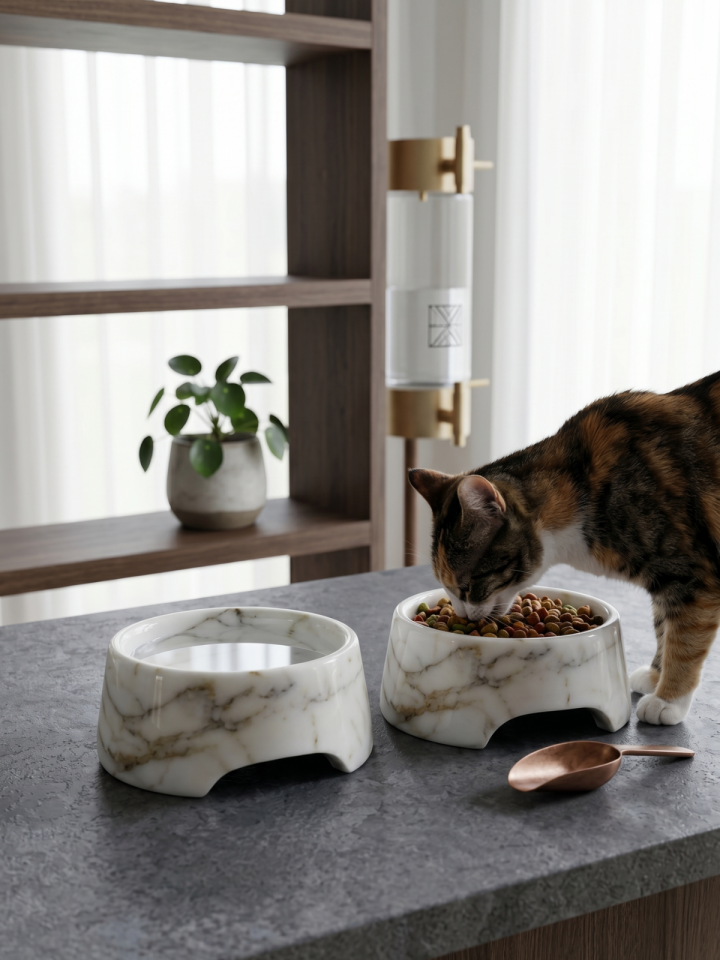 Lüks Doğal Beyaz Mermer Mama Kabı - Dekoratif Kedi ve Köpek Su Kabı
