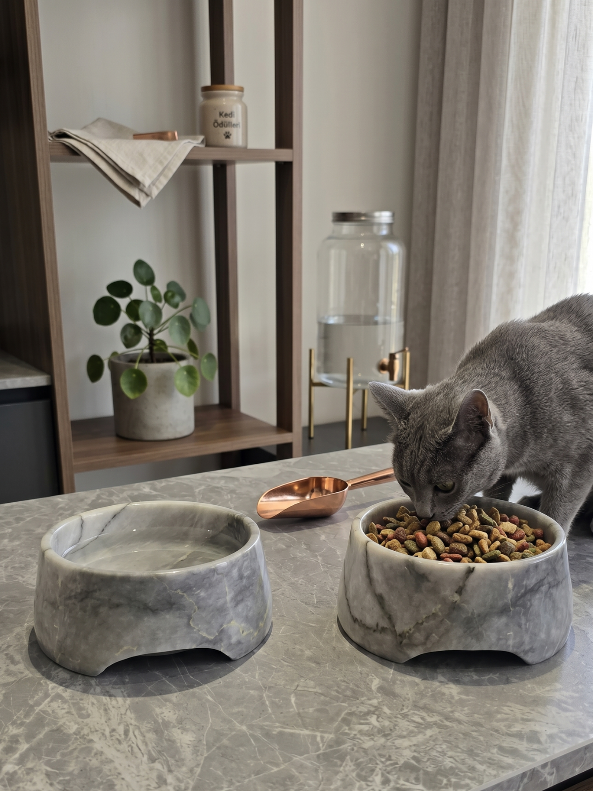 Lüks Doğal Gri Mermer Mama Kabı - Dekoratif Kedi ve Köpek Su Kabı