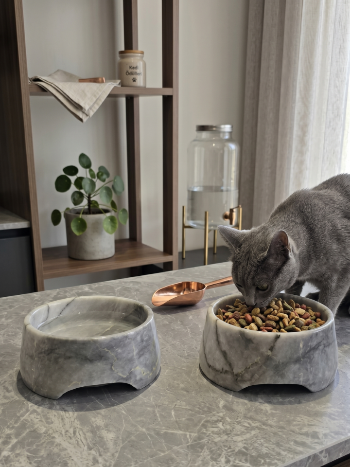 Lüks Doğal Gri Mermer Mama Kabı - Dekoratif Kedi ve Köpek Su Kabı