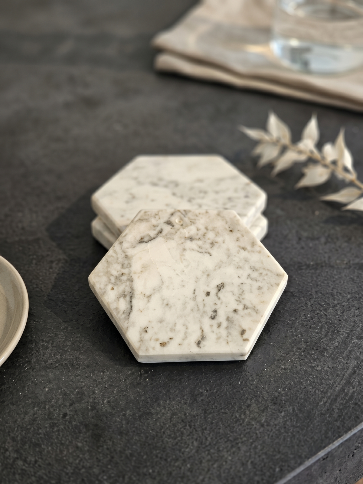 Altıgen Mermer Bardak Altlığı 11 x 10 cm - Dekoratif Doğal Taş Sunum Altlığı