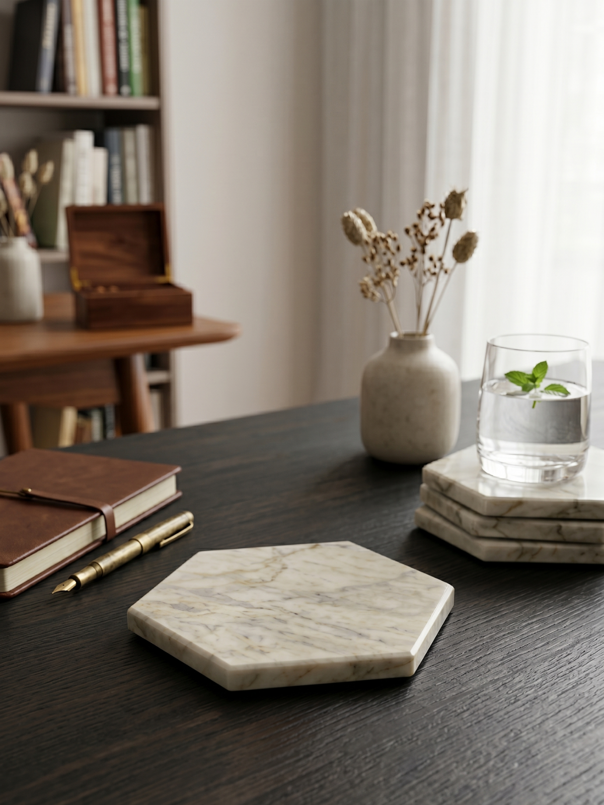 Altıgen Mermer Bardak Altlığı 11 x 10 cm - Dekoratif Doğal Taş Sunum Altlığı
