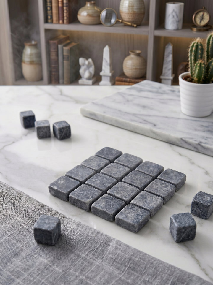 Mozaik Mermer Bardak Altlığı 10 x 10 cm - Doğal Taş Tasarım Sunum Altlığı