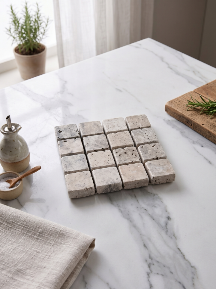 Mozaik Mermer Bardak Altlığı 10 x 10 cm - Doğal Taş Tasarım Sunum Altlığı
