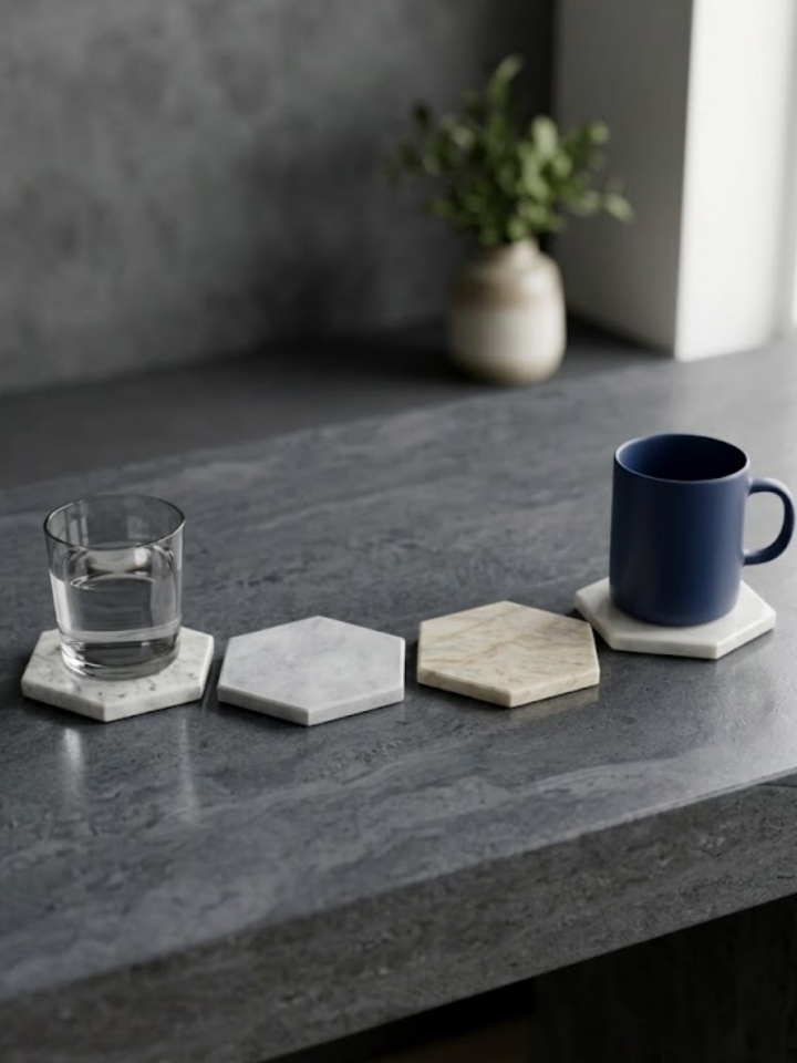 4'lü Set Altıgen Mermer Bardak Altlığı 11 x 10 cm - Dekoratif Doğal Taş Sunum Altlığı